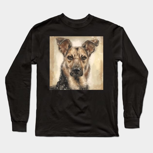 Contemporary Painting of a Serious Looking German Shepherd on Beige Background Long Sleeve T-Shirt by ibadishi